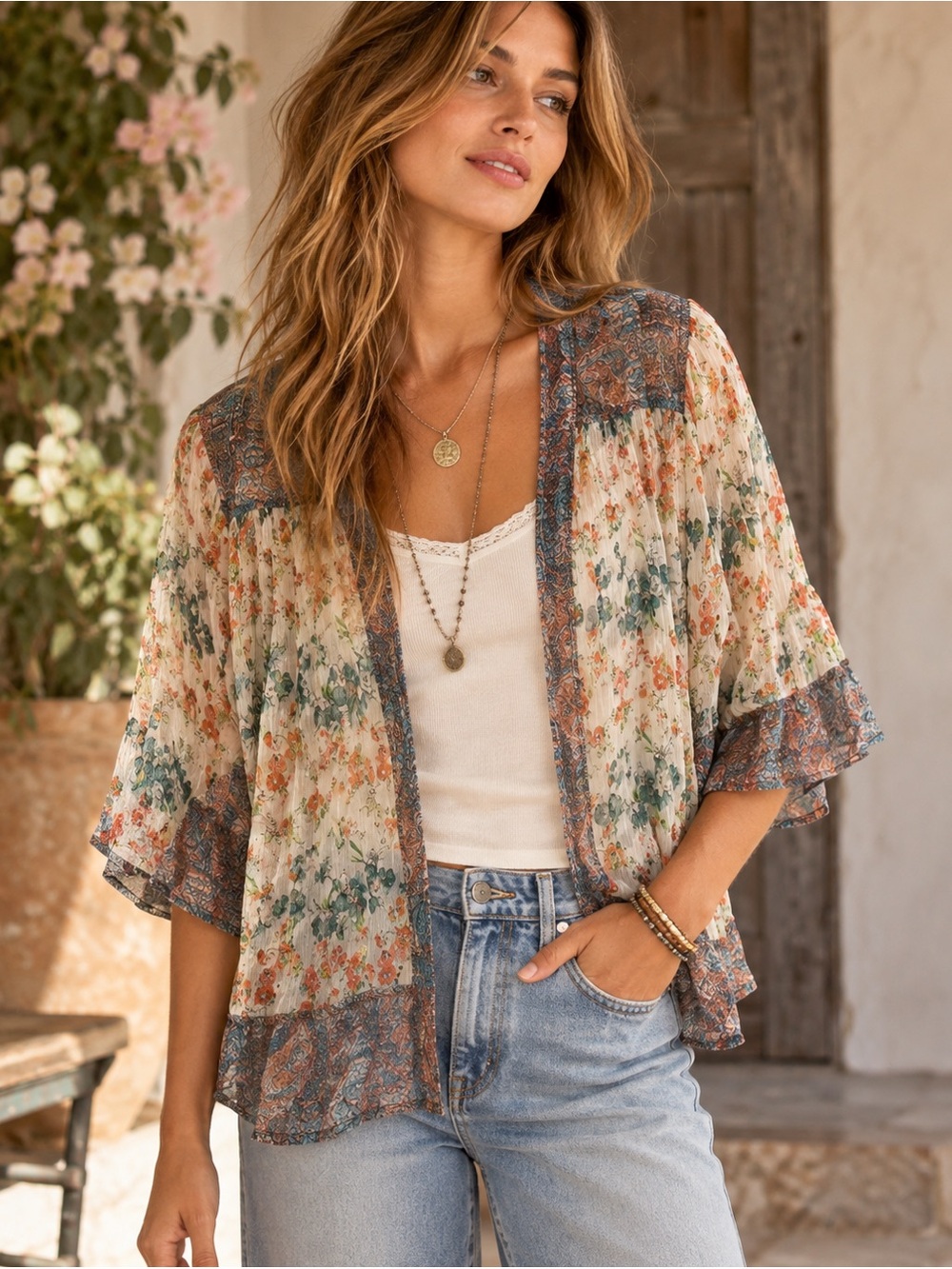 Sundance Floral Boho Sheer Kimono Cardigan Size Small